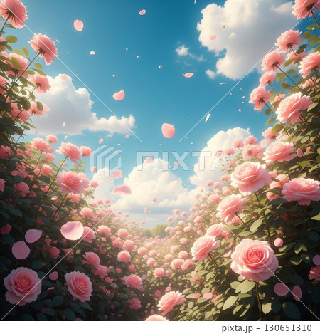 青い空にピンクや紫の色の花びらが舞い散る美しい幻想的なローズガーデン 130651310