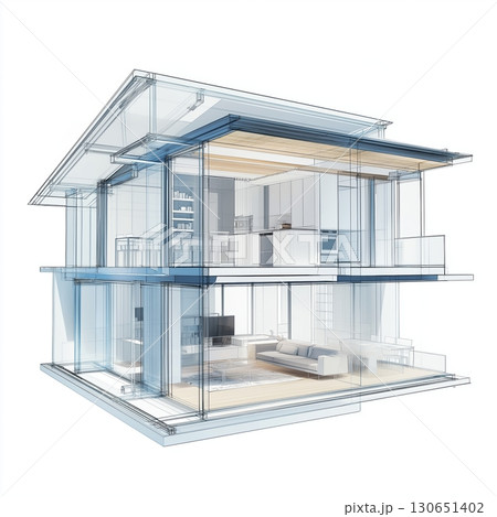 Modern glass-fronted house design merges elegance and comfort in a serene environment 130651402