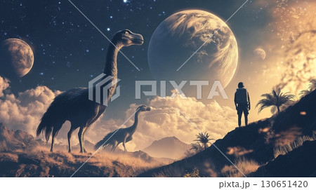 Exploring a surreal landscape with a giant dinosaur under alien skies and multiple moons Exploring a surreal landscape with a giant dinosaur under alien skies and multiple moons 130651420