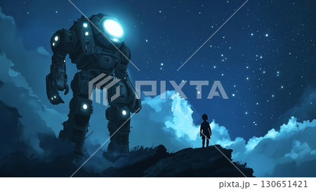 Exploring alien landscapes with a giant robotic companion under a distant planet and blue sky 130651421