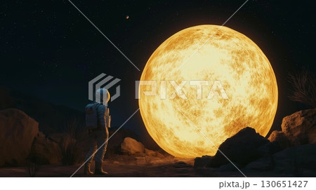 Astronaut stands on alien landscape under glowing sun in a distant galaxy during exploration mission 130651427