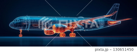 Detailed 3D wireframe model of a commercial airplane showcasing aviation technology and design features 130651450