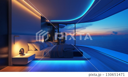 Modern bedroom with stunning ocean view during sunrise offers serenity and tranquility Modern bedroom with stunning ocean view during sunrise offers serenity and tranquility 130651471