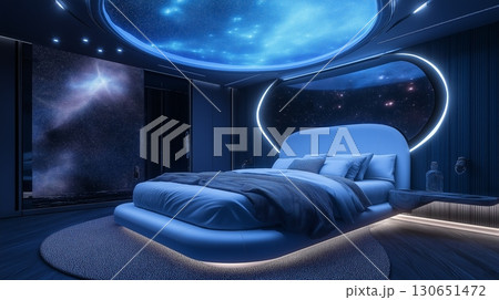 Cozy bedroom with night sky view and stars illuminating the serene atmosphere at night 130651472