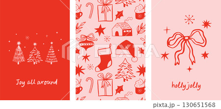 Merry Christmas, hand drawn illustrations, vertical Christmas cards in modern vintage style 130651568