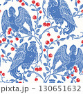 Seamless Vector Slavic Mythology Alkonost Bird-Woman Pattern , Vintage Folk Art Wallpaper Design with Ornamental Branches and Berries 130651632