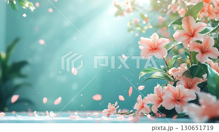 Soft Pink Floral Arrangement with Falling Petals and Gentle Light Background 130651719