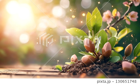Growing seedling with young leaves in rich soil illuminated by warm sunlight in nature 130651748
