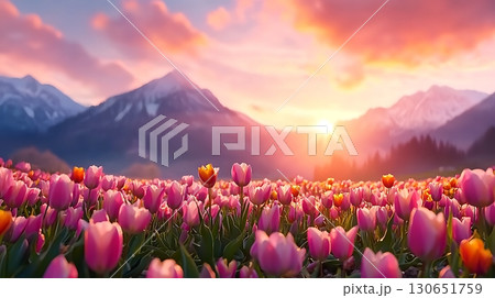 Vibrant Tulip Field Under Colorful Sunrise with Majestic Mountains in the Background 130651759