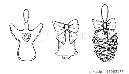 Decorative Christmas angel doll, bell and pine cone decorated tied satin bow vector illustration in monochrome linear style. Handcrafted Xmas decoration graphic sketch for holiday greeting cards. Decorative Christmas angel doll, bell and pine cone decorated tied satin bow vector illustration in monochrome linear style. Handcrafted Xmas decoration graphic sketch for holiday greeting cards. 130651774