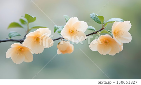 Delicate pale yellow flowers on branch against soft blurred background of nature 130651827