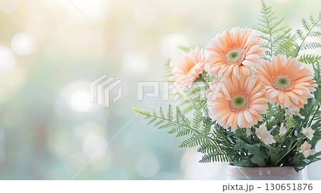 Soft Peach Gerbera Daisies with Green Ferns in Modern Decorative Vase on Blurred Background 130651876