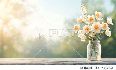 Beautiful White Flowers in Jar with Soft Background Light in Nature Setting 130651898