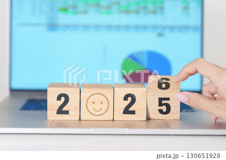 2025 end year to Happy New Year 2026 with Smile block. Satisfaction, feedback, Review, mental health, eco sustainable and good year concept 130651928
