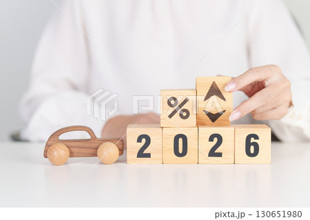 2026 New Year with percentage change to UP and Down arrow with car model. Car loan, Interest rate, Insurance, Financial, vehicle Repair, Automobile Tax, mortgage and Maintenance 130651980