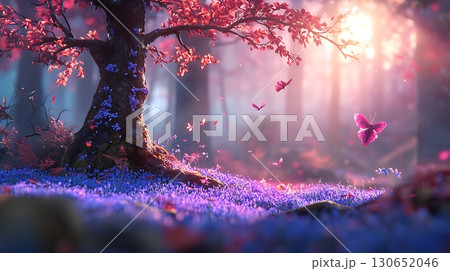 Enchanted Forest Scene with Pink Blossoms, Butterflies, and Soft Light in Nature 130652046