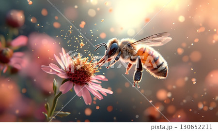 Close-Up of Bee Pollinating Flower, Nature, Spring, Beauty, Macro Photography, Floral Scene 130652211