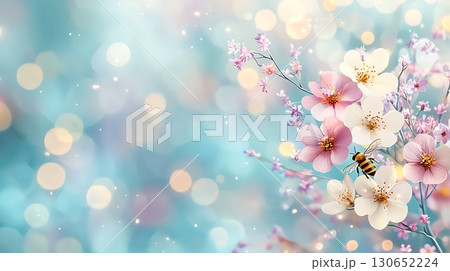 Beautiful Spring Blossoms with a Bee Against a Soft Blue Bokeh Background 130652224
