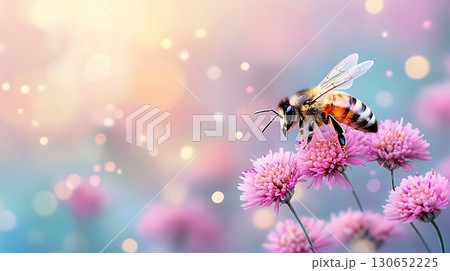Close-Up of a Honey Bee Pollinating Beautiful Pink Flowers in Natural Soft Light 130652225
