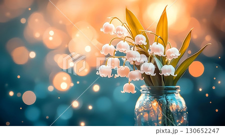 Delicate Lily of the Valley Blooms in a Glass Jar with Soft Bokeh Background 130652247