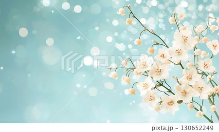 Delicate White Flowers Against a Soft Blue Background with Gentle Bokeh Effect 130652249