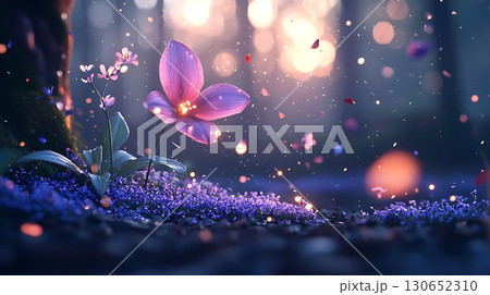 Ethereal Blooming Flower in a Enchanting Forest with Soft Light and Gentle Petals Falling 130652310