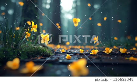 Serenity in Nature with Yellow Flowers and Soft Rain in a Lush Green Forest Landscape Serenity in Nature with Yellow Flowers and Soft Rain in a Lush Green Forest Landscape 130652349