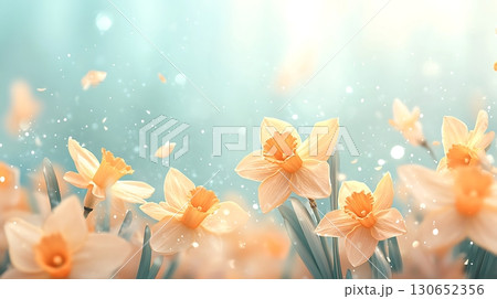 Soft Blooming Daffodils with Light Bokeh Against a Serene Blue Background 130652356