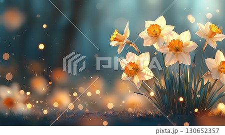 Beautiful blooming daffodils in soft focus with warm bokeh lighting for spring themes 130652357