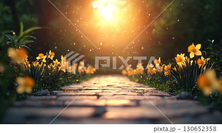 Serene Garden Pathway with Yellow Flowers and Sunlight Streaming Through Trees 130652358