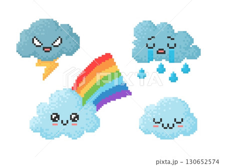 Clouds kawaii emoji emoticon pixel art vector set, 8bit cry sad face with rain, angry lightning bolt, happy with rainbow Clouds kawaii emoji emoticon pixel art vector set, 8bit cry sad face with rain, angry lightning bolt, happy with rainbow 130652574