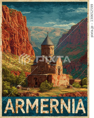 A stone church stands proudly in a dramatic valley, surrounded by towering red cliffs and distant mountains. The serene landscape captures the essence of Armenian heritage and natural beauty. 130652599