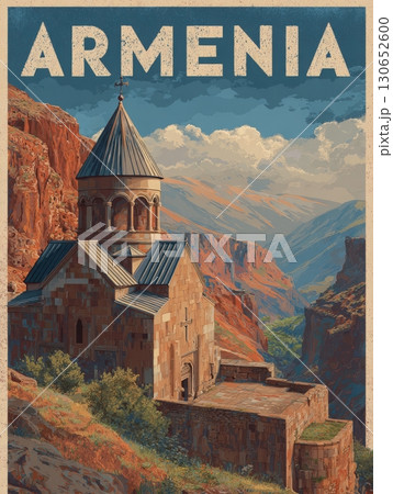 A picturesque Armenian monastery stands atop a rocky cliff, surrounded by majestic mountains under a clear blue sky. The sunlight casts beautiful shadows, enhancing the stone architecture. 130652600