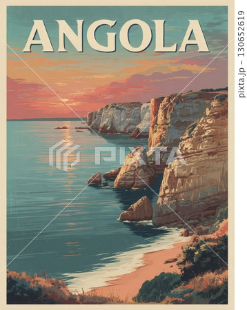 Sunset casts a warm glow over the cliffs of Angola, with waves gently lapping at the shore. The vibrant colors reflect on the ocean, creating a tranquil atmosphere by the coast. 130652619