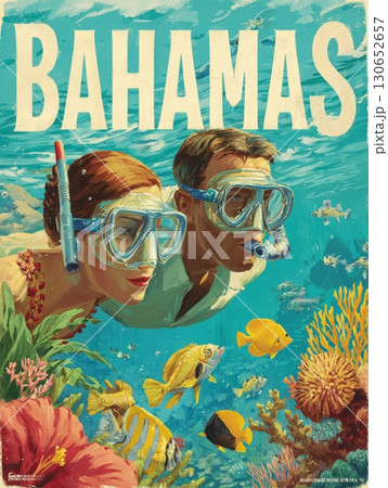 Two divers explore vibrant underwater scenes in the Bahamas, surrounded by various fish and corals. Warm sunlight filters through the clear water, creating a serene atmosphere for adventure. 130652657