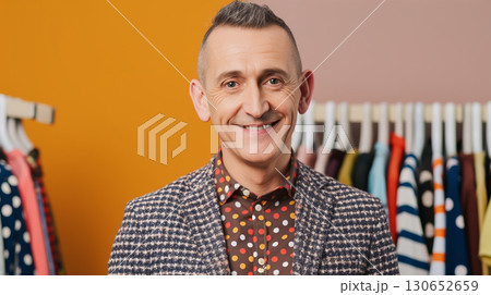 Cheerful funny person wearing trendy stylish jacket expresses happiness and joy. High quality photo 130652659