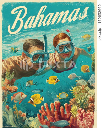 Two snorkelers enjoy an underwater adventure, surrounded by colorful fish and coral in the Bahamas. The crystal-clear water highlights the beauty of the marine ecosystem. 130652660