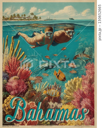 Two snorkelers are seen swimming underwater among colorful corals and tropical fish in the Bahamas. The bright turquoise waters highlight the diverse marine life, creating a picturesque scene. Two snorkelers are seen swimming underwater among colorful corals and tropical fish in the Bahamas. The bright turquoise waters highlight the diverse marine life, creating a picturesque scene. 130652665