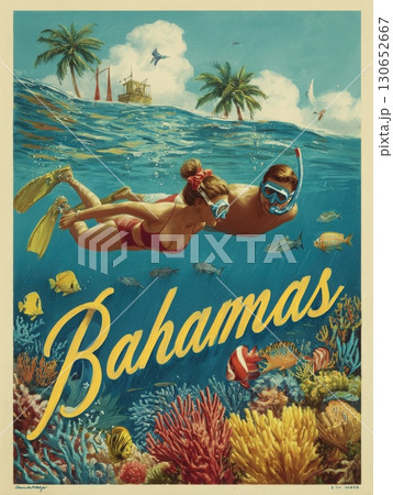 Two snorkelers enjoy an underwater adventure in the Bahamas, surrounded by diverse marine life and vibrant coral. The serene water showcases colorful fish and beautiful corals. Two snorkelers enjoy an underwater adventure in the Bahamas, surrounded by diverse marine life and vibrant coral. The serene water showcases colorful fish and beautiful corals. 130652667