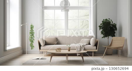 Nordic living room in grey and beige colors, modern interior created with ai generative tools. Nordic living room in grey and beige colors, modern interior created with ai generative tools. 130652694