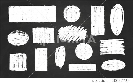 White chalk vector set of geometric shapes on black background, scribble round, rectangle figure chalk board kid drawing 130652729