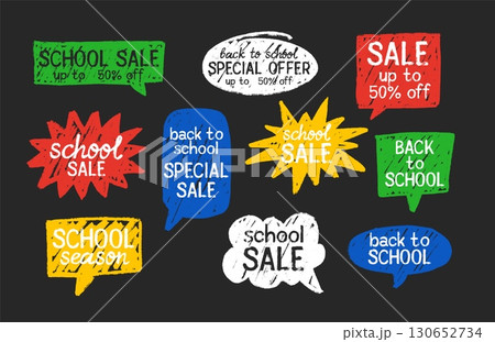 Colorful chalk speech bubble with Back to school sale, Special offer 50 percent off, discount banner design vector set Colorful chalk speech bubble with Back to school sale, Special offer 50 percent off, discount banner design vector set 130652734