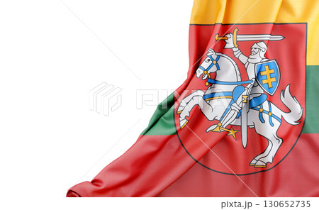 Flag of Lithuania with Coat of arms with empty space on the left. Isolated. 3D Rendering Flag of Lithuania with Coat of arms with empty space on the left. Isolated. 3D Rendering 130652735