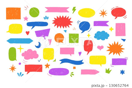 Colorful crayon speech bubbles and design elements collection, cartoon text box vector set, chalk chat communication 130652764