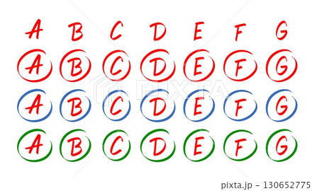 Grade and exam result symbols, hand drawn, with letters, circles, red, blue, green colors. 130652775