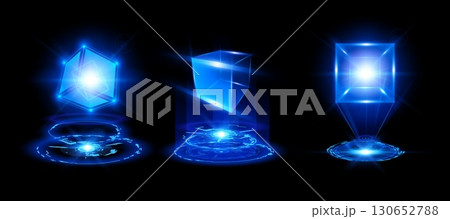 Energy glow round virtual neon cube projection vector designs set, shiny blue circle from and 3D square shape, high tech 130652788