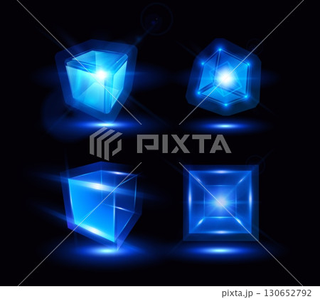 Energy glow cube block vector designs set, shiny blue neon 3D square shape, high tech cyber matrix box with shadow Energy glow cube block vector designs set, shiny blue neon 3D square shape, high tech cyber matrix box with shadow 130652792