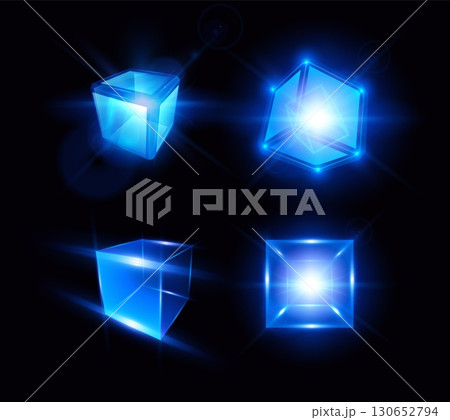 Energy glow cube block vector design set, shiny blue neon 3D square shape, cyber matrix box, high tech computer engineer 130652794