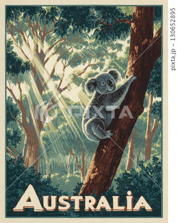 A koala is seen climbing a tree in an Australian forest. Rays of sunlight filter through the dense foliage, creating a tranquil atmosphere in this lush natural setting. 130652895