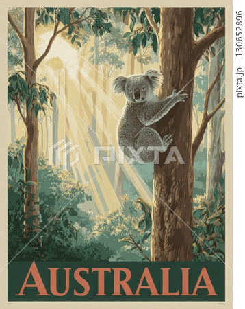 A koala is seen climbing a tree in a lush Australian forest. Sunlight filters through the trees, creating a tranquil atmosphere. 130652896